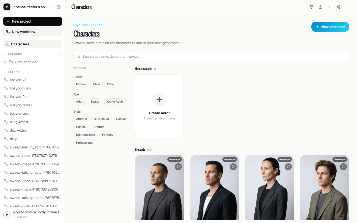 The Characters page with the + Create actor tile
