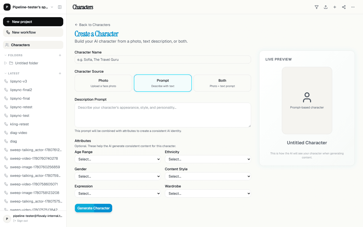 The Create a Character chooser with Photo, Prompt, and Both options