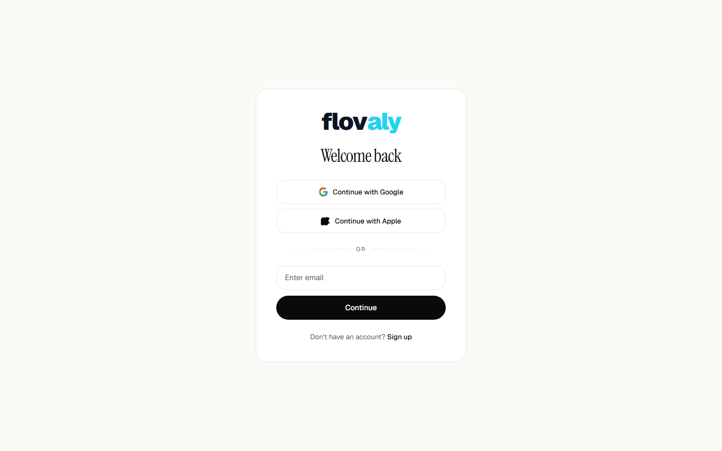 Flovaly login screen with Google, Apple, and email sign-in options