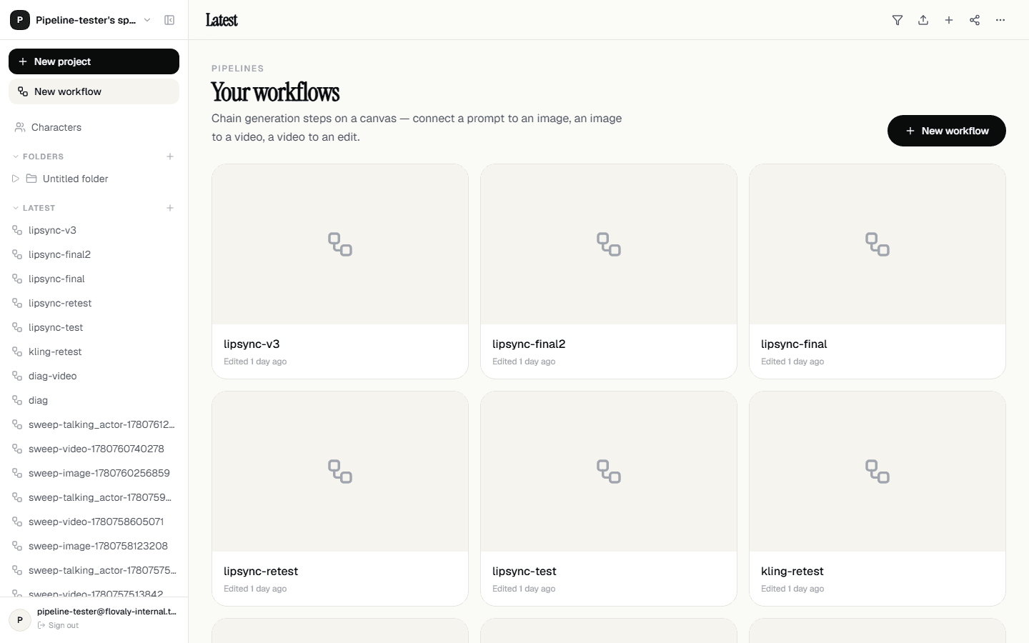 The Workflows list showing your saved pipelines